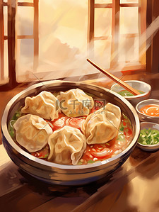 中国传统冬至插画图片_中国传统美食一碗饺子插画20