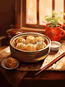 中国传统冬至插画图片_中国传统美食一碗饺子插画2