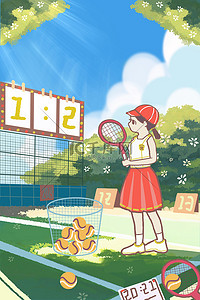网球插画图片_亚运会运动会女子运动场打网球配图