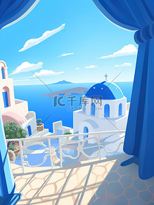 蓝白色云层插画图片_希腊旅行蓝白建筑插画1