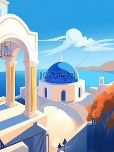 希腊旅行蓝白建筑插画20