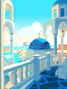 希腊旅行蓝白建筑插画4