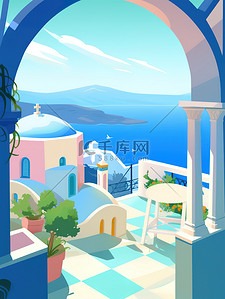 蓝白色云层插画图片_希腊旅行蓝白建筑插画5