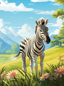 斑马插画图片_草原上一只可爱的小斑马16