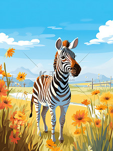 斑马插画图片_草原上一只可爱的小斑马4