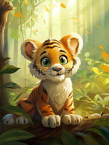 森林老虎插画图片_森林里的一只可爱的小老虎3