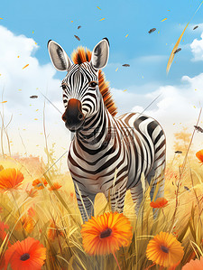 斑马插画图片_草原上一只可爱的小斑马5