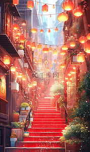 张灯结彩插画图片_新年张灯结彩的街道节日插画