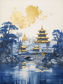 中国山水画诗意的绘画哑光蓝色14