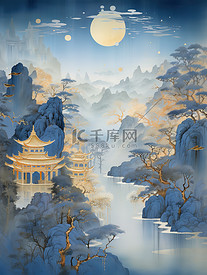 中国山水画诗意的绘画哑光蓝色17