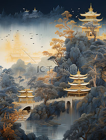 中国山水画诗意的绘画哑光蓝色3