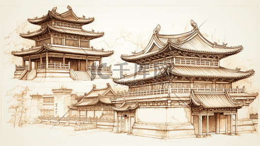 手绘中国古代建筑插画1