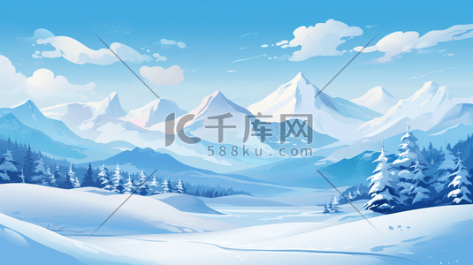 冬天手绘插画图片_冬天蓝天雪山森林插画4