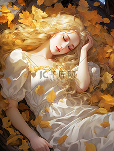长发女孩插画图片_浅黄色长发女孩躺在秋天落叶上8