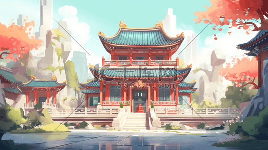 中国风游戏插画图片_中国风古建筑场景插画3