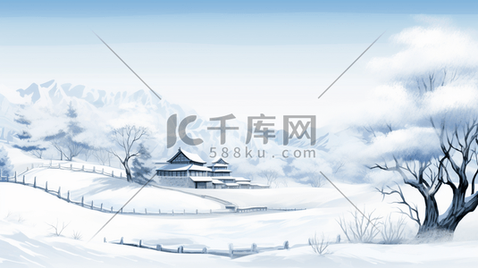 手绘水墨国画山水插画图片_冬天白雪山水水墨插画6