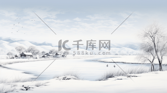 手绘水墨国画山水插画图片_冬天白雪山水水墨插画7