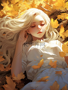 浅黄色长发女孩躺在秋天落叶上10