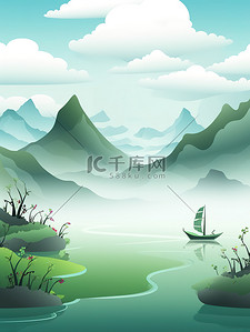 清湖上的小船中国风山水画2