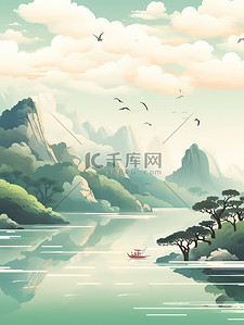 上色插画图片_清湖上的小船中国风山水画17