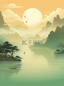 上色插画图片_清湖上的小船中国风山水画6