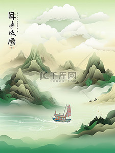 清湖上的小船中国风山水画12