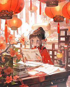 书法笔触插画图片_中国风国潮新年唐装书法女孩插画