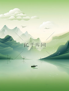 清湖上的小船中国风山水画7