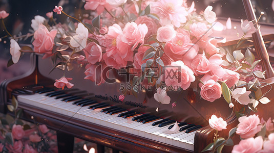 玫瑰雪蛤木瓜插画图片_玫瑰花海中的钢琴8