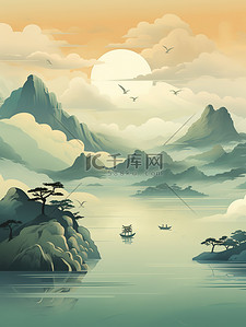 上色插画图片_清湖上的小船中国风山水画14