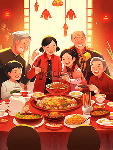 春节除夕一家人团聚吃饭插画30