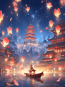 中国风国潮水彩画春节新年氛围感水景夜景