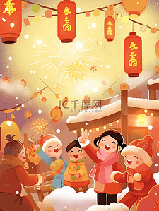 中国小孩插画图片_春节除夕小孩玩耍插画10