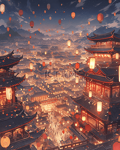 中国国潮风插画图片_中国国潮风新年灯会古城夜景插画