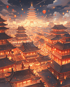 中国国潮风新年灯会古城夜景插画