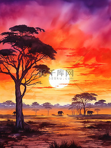 非洲野生动物大象群水彩画20