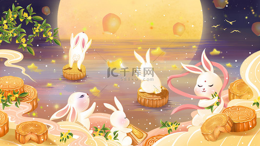 赏月吃月饼插画图片_中秋节兔子赏月吃月饼中国风手绘插画