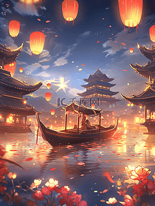 夜景景插画图片_中国风国潮水彩画春节新年氛围感水景夜景