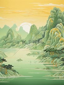 金色的中国建筑平静的水山景诗意4