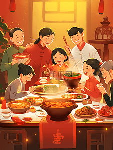 春节除夕一家人团聚吃饭插画21