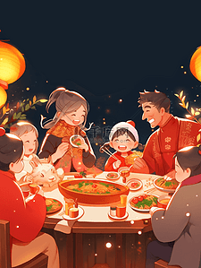 一家人吃饭插画图片_春节除夕插画一家人在团聚吃饭8