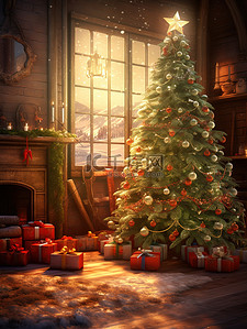 圣诞装饰圣诞插画图片_圣诞节温暖的房间圣诞装饰6