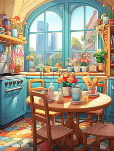 厨房圆形餐桌窗户彩色壁纸儿童书籍插图2
