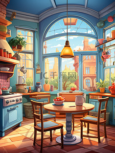 餐桌插图插画图片_厨房圆形餐桌窗户彩色壁纸儿童书籍插图13