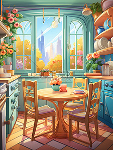 餐桌插图插画图片_厨房圆形餐桌窗户彩色壁纸儿童书籍插图6