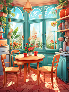 餐桌插图插画图片_厨房圆形餐桌窗户彩色壁纸儿童书籍插图15