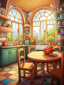 餐桌插图插画图片_厨房圆形餐桌窗户彩色壁纸儿童书籍插图7