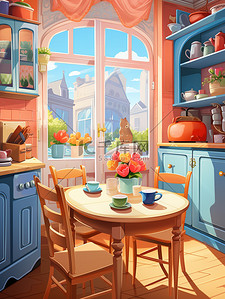 餐桌插图插画图片_厨房圆形餐桌窗户彩色壁纸儿童书籍插图4