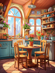 儿童圆形插画图片_厨房圆形餐桌窗户彩色壁纸儿童书籍插图9