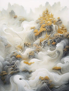 金色奢华插画图片_奢华金色笔触抽象中国山水画6